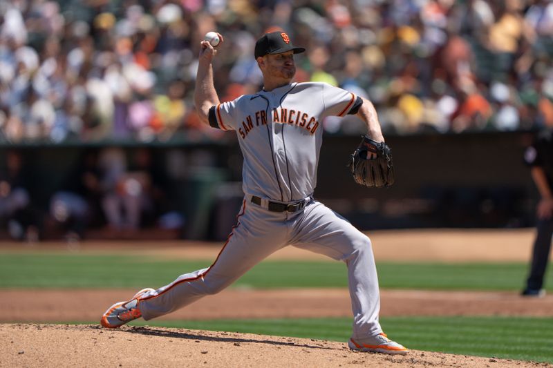 Aug 6, 2023; Oakland, California, USA;  San Francisco Giants starting pitcher Alex Cobb (38) pitches during the first inning against the Oakland Athletics at Oakland-Alameda County Coliseum. Mandatory Credit: Stan Szeto-USA TODAY Sports