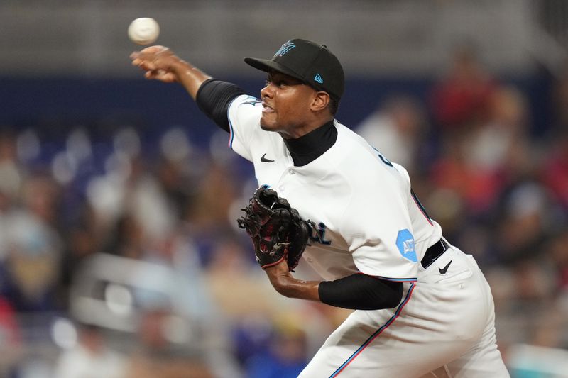 Sep 20, 2023; Miami, Florida, USA;  Miami Marlins relief pitcher George Soriano (62) pitches against the New York Mets in the seventh inning at loanDepot Park. Mandatory Credit: Jim Rassol-USA TODAY Sports