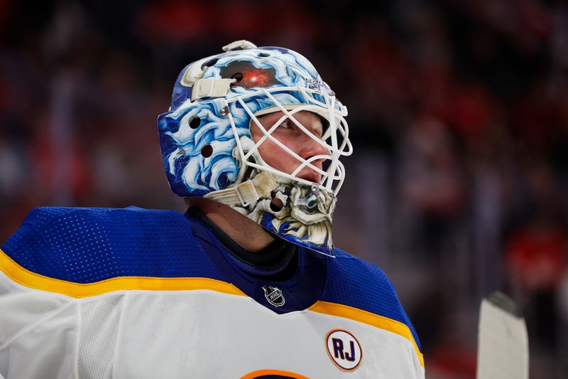 Apr 7, 2024; Detroit, Michigan, USA; Buffalo Sabres goaltender Ukko-Pekka Luukkonen (1) looks on in the second period against the Detroit Red Wings at Little Caesars Arena. Mandatory Credit: Rick Osentoski-USA TODAY Sports