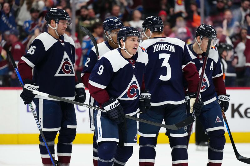 Mar 4, 2024; Denver, Colorado, USA; Colorado Avalanche left wing Zach Parise (9) reacts after his goal scored in the second period against the Chicago Blackhawks at Ball Arena. Mandatory Credit: Ron Chenoy-USA TODAY Sports