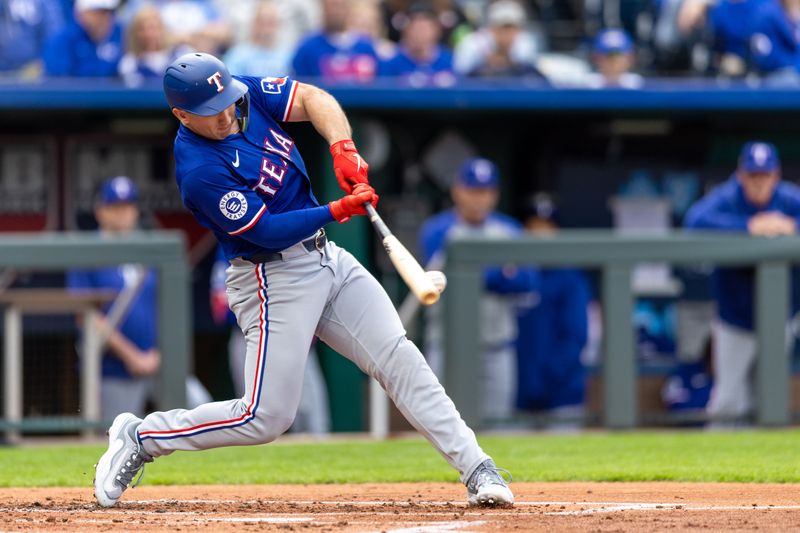 May 4, 2024; Kansas City, Missouri, USA; Texas Rangers outfielder Wyatt Langford (36) at bat during the second inning against the Kansas City Royals at Kauffman Stadium. Mandatory Credit: William Purnell-USA TODAY Sports