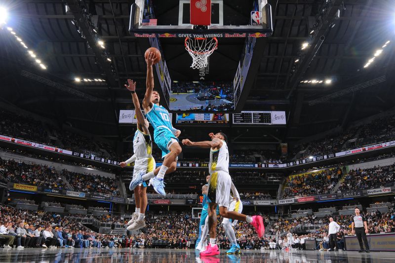 INDIANAPOLIS, IN - DECEMBER 8: Josh Green #10 of the Charlotte Hornets drives to the basket during the game against the Indiana Pacers on December 8, 2024 at Gainbridge Fieldhouse in Indianapolis, Indiana. NOTE TO USER: User expressly acknowledges and agrees that, by downloading and or using this Photograph, user is consenting to the terms and conditions of the Getty Images License Agreement. Mandatory Copyright Notice: Copyright 2024 NBAE (Photo by Ron Hoskins/NBAE via Getty Images)