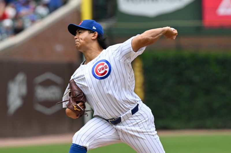 Jul 21, 2024; Chicago, Illinois, USA;  Chicago Cubs pitcher Shota Imanaga (18) pitches against the Arizona Diamondbacks during the first inning at Wrigley Field. Mandatory Credit: Matt Marton-USA TODAY Sports