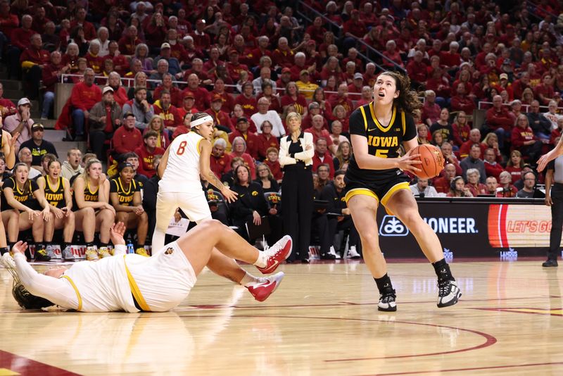 Dec 10, 2025; Ames, Iowa, USA; Iowa State Cyclones Evangelia Paulk (5) shoots against the Iowa State Cyclones during the second half at James H. Hilton Coliseum. Mandatory Credit: Reese Strickland-Imagn Images