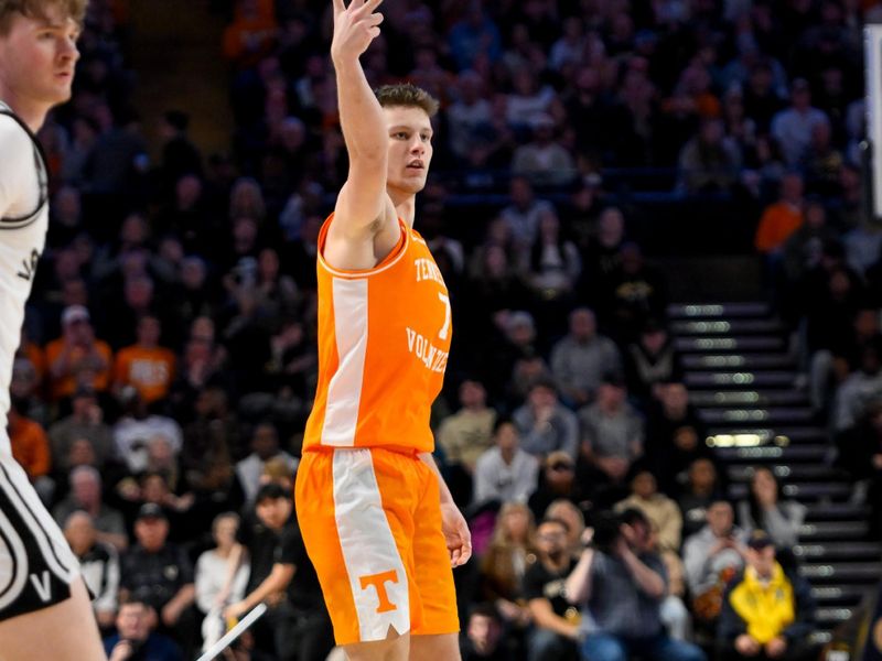 Jan 18, 2025; Nashville, Tennessee, USA;  Tennessee Volunteers forward Igor Milicic Jr. (7) reacts after a made three Vanderbilt Commodores during the second half at Memorial Gymnasium. Mandatory Credit: Steve Roberts-Imagn Images