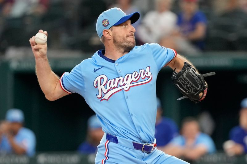 Jun 23, 2024; Arlington, Texas, USA; Texas Rangers starting pitcher Max Scherzer (31) delivers a pitch to the Kansas City Royals during the first inning at Globe Life Field. Mandatory Credit: Jim Cowsert-USA TODAY Sports