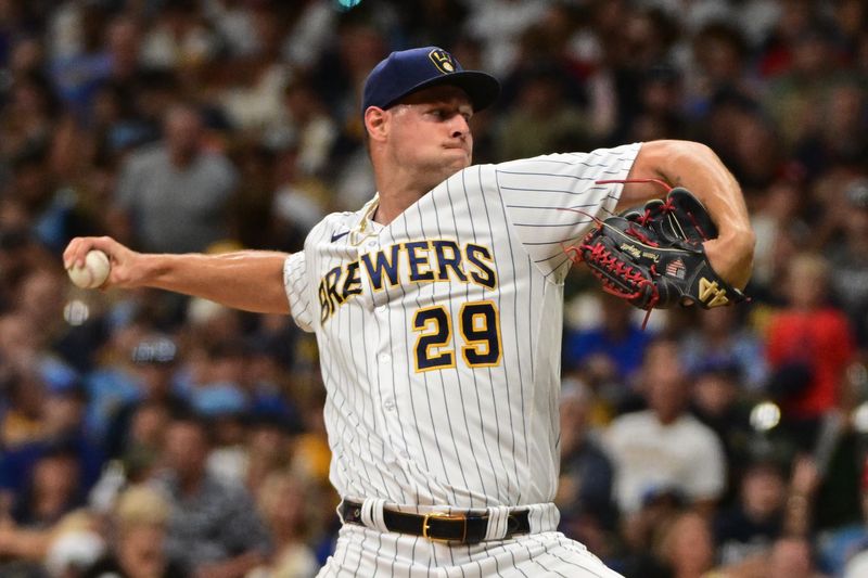 Sep 2, 2023; Milwaukee, Wisconsin, USA;  Milwaukee Brewers pitcher Trevor Megill (29) pitches against the Philadelphia Phillies in the seventh inning at American Family Field. Mandatory Credit: Benny Sieu-USA TODAY Sports