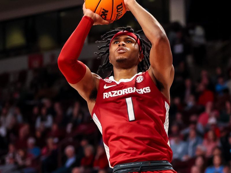 Feb 4, 2023; Columbia, South Carolina, USA; Arkansas Razorbacks guard Ricky Council IV (1) shoots against the South Carolina Gamecocks in the first half at Colonial Life Arena. Mandatory Credit: Jeff Blake-USA TODAY Sports