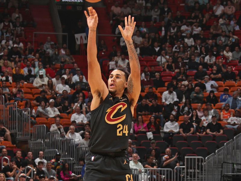 MIAMI, FL - JANUARY 29: Jalon Tyson #24 of the Cleveland Cavaliers shoots the ball during the game against the Miami Heat on January 29, 2025 at Kaseya Center in Miami, Florida. NOTE TO USER: User expressly acknowledges and agrees that, by downloading and or using this Photograph, user is consenting to the terms and conditions of the Getty Images License Agreement. Mandatory Copyright Notice: Copyright 2025 NBAE (Photo by Issac Baldizon/NBAE via Getty Images)