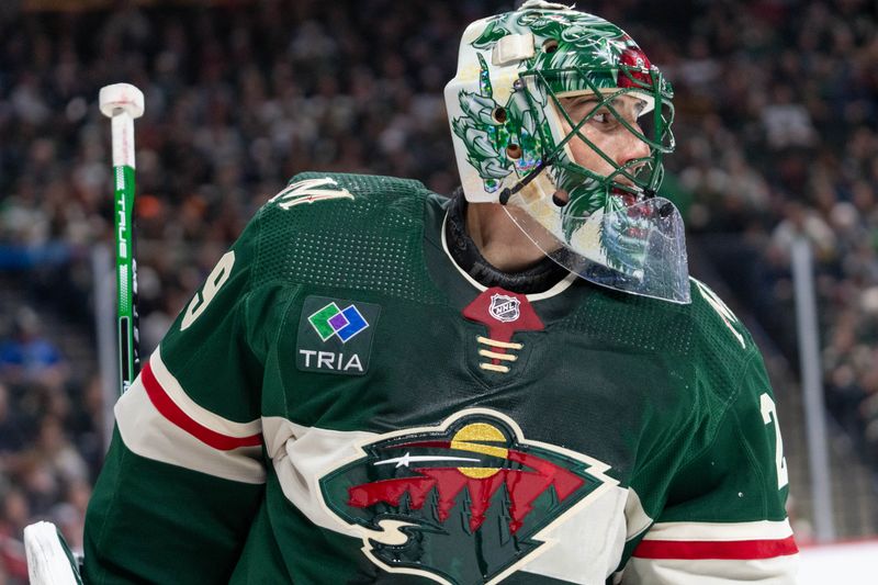 Apr 18, 2024; Saint Paul, Minnesota, USA; Minnesota Wild goaltender Marc-Andre Fleury (29) during a break against the Seattle Kraken in the first period at Xcel Energy Center. Mandatory Credit: Matt Blewett-USA TODAY Sports