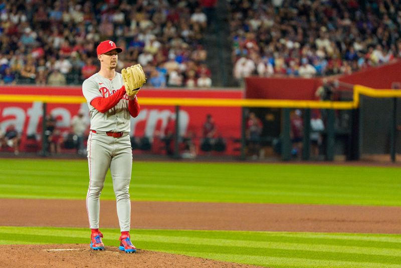 Sep 19, 2025; Phoenix, Arizona, USA;  Philadelphia Phillies pitcher Walker Buehler (31) on the mound to pitch on the eighth at Chase Field. Mandatory Credit: Allan Henry-Imagn Images