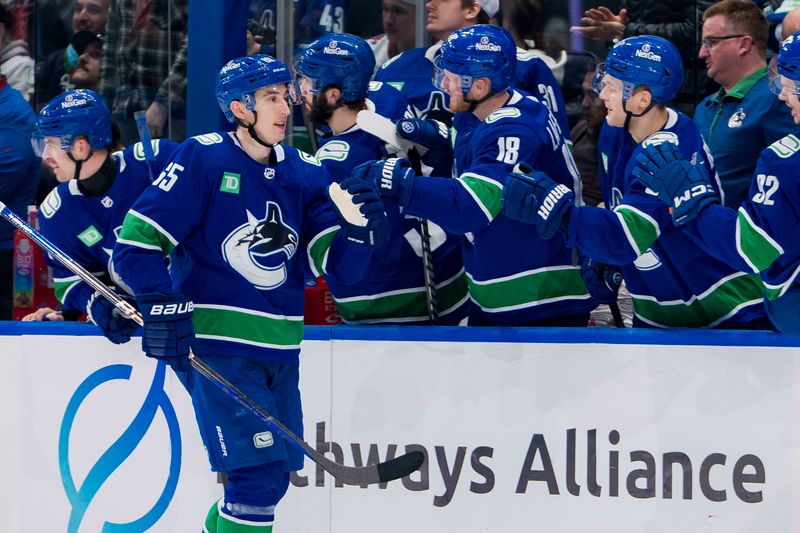 Mar 13, 2024; Vancouver, British Columbia, CAN; Vancouver Canucks forward Ilya Mikheyev (65) celebrates his goal against the Colorado Avalanche in the first period at Rogers Arena. Mandatory Credit: Bob Frid-USA TODAY Sports