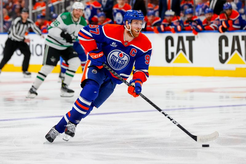 May 27, 2025; Edmonton, Alberta, CAN; Edmonton Oilers center Connor McDavid (97) skates against the Dallas Stars during the third period in game four of the Western Conference Final of the 2025 Stanley Cup Playoffs at Rogers Place. Mandatory Credit: Perry Nelson-Imagn Images