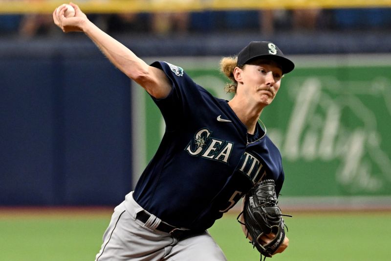 Sep 10, 2023; St. Petersburg, Florida, USA; Seattle Mariners pitcher Bryce Miller (50) throws a pitch in the first inning against the Tampa Bay Rays  at Tropicana Field. Mandatory Credit: Jonathan Dyer-USA TODAY Sports