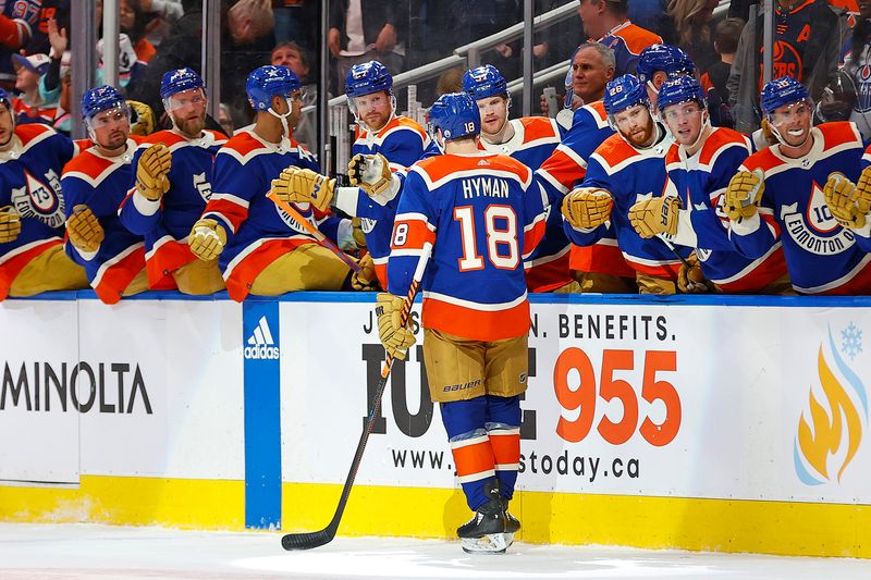 Feb 24, 2024; Edmonton, Alberta, CAN; The Edmonton Oilers celebrate a goal scored by forward Zach Hyman (18) during the first period against the Calgary Flames at Rogers Place. Mandatory Credit: Perry Nelson-USA TODAY Sports