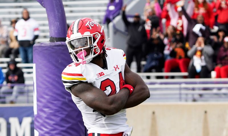 Oct 28, 2023; Evanston, Illinois, USA; Maryland Terrapins running back Roman Hemby (24) celebrates his touchdown against the Northwestern Wildcats during the first half at Ryan Field. Mandatory Credit: David Banks-USA TODAY Sports