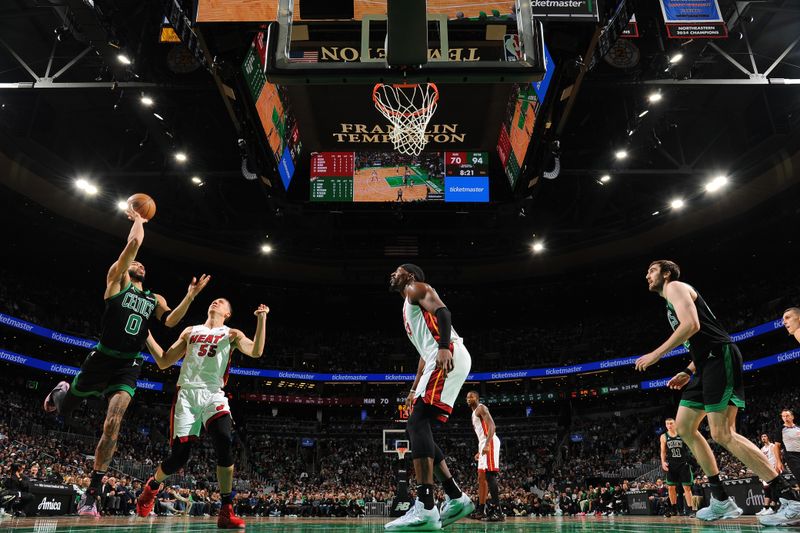 BOSTON, MA - DECEMBER 2: Jayson Tatum #0 of the Boston Celtics drives to the basket during the game against the Miami Heat on December 2, 2024 at TD Garden in Boston, Massachusetts. NOTE TO USER: User expressly acknowledges and agrees that, by downloading and/or using this Photograph, user is consenting to the terms and conditions of the Getty Images License Agreement. Mandatory Copyright Notice: Copyright 2024 NBAE (Photo by Brian Babineau/NBAE via Getty Images)