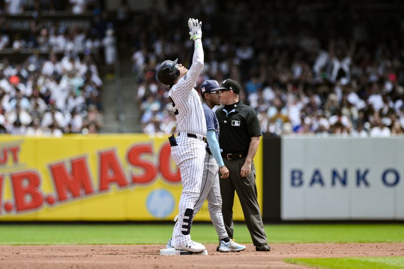 Jul 21, 2024; Bronx, New York, USA; New York Yankees outfielder Juan Soto (22) reacts after hitting a double against the Tampa Bay Rays during the first inning at Yankee Stadium. Mandatory Credit: John Jones-USA TODAY Sports