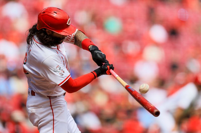 May 29, 2024; Cincinnati, Ohio, USA; Cincinnati Reds second baseman Jonathan India (6) hits a RBI single against the St. Louis Cardinals in the seventh inning at Great American Ball Park. Mandatory Credit: Katie Stratman-USA TODAY Sports