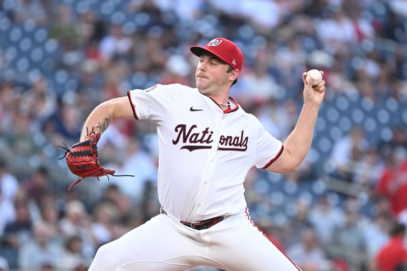 Aug 26, 2024; Washington, District of Columbia, USA; Washington Nationals starting pitcher Mitchell Parker (70) throws a pitch against the New York Yankees during the first inning at Nationals Park. Mandatory Credit: Rafael Suanes-USA TODAY Sports