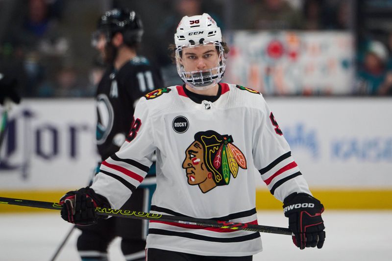 Mar 23, 2024; San Jose, California, USA; Chicago Blackhawks center Connor Bedard (98) warms up before the game between the San Jose Sharks and the Chicago Blackhawks at SAP Center at San Jose. Mandatory Credit: Robert Edwards-USA TODAY Sports