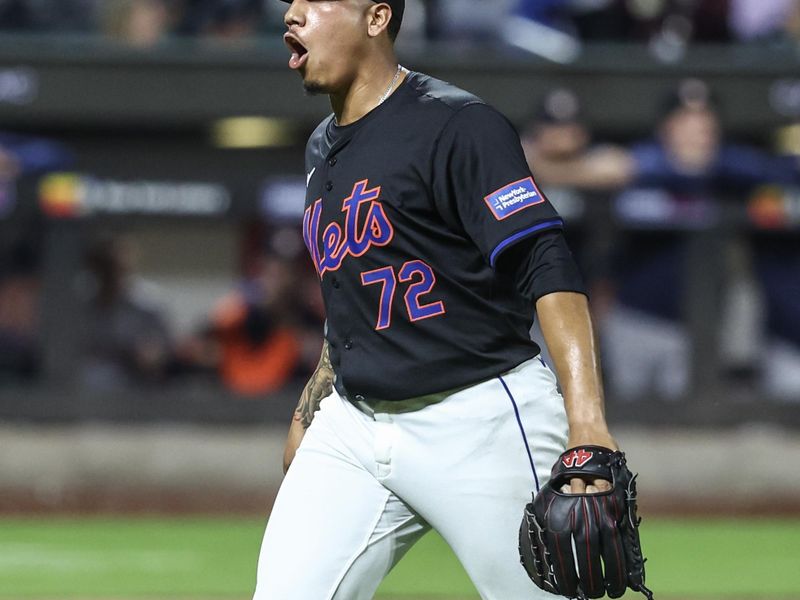 Jun 28, 2024; New York City, New York, USA;  New York Mets pitcher Dedniel Núñez (72) celebrates after retiring the side in the seventh inning against the Houston Astros at Citi Field. Mandatory Credit: Wendell Cruz-USA TODAY Sports