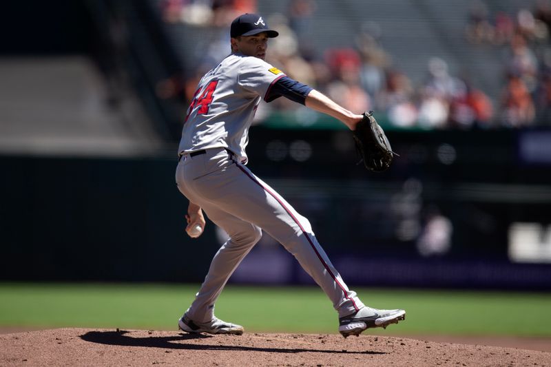 Aug 15, 2024; San Francisco, California, USA; Atlanta Braves pitcher starting Max Fried (54) delivers against the San Francisco Giants during the first inning at Oracle Park. Mandatory Credit: D. Ross Cameron-USA TODAY Sports