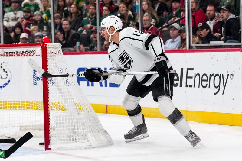 Oct 15, 2022; Saint Paul, Minnesota, USA; Los Angeles Kings center Gabriel Vilardi (13) celebrates his goal during the first period against the Minnesota Wild at Xcel Energy Center. Mandatory Credit: Brace Hemmelgarn-USA TODAY Sports