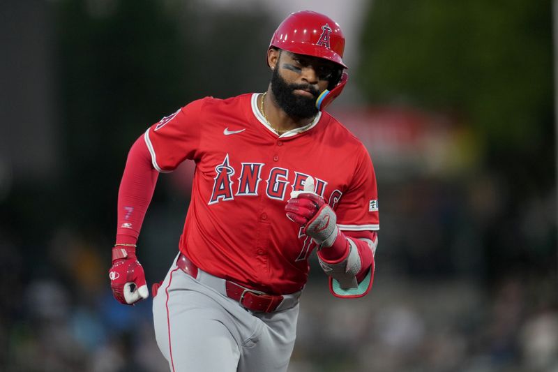 May 21, 2025; West Sacramento, California, USA; Los Angeles Angels right fielder Jo Adell (7) rounds third base after hitting a home run against the Athletics in the fourth inning at Sutter Health Park. Mandatory Credit: Cary Edmondson-Imagn Images