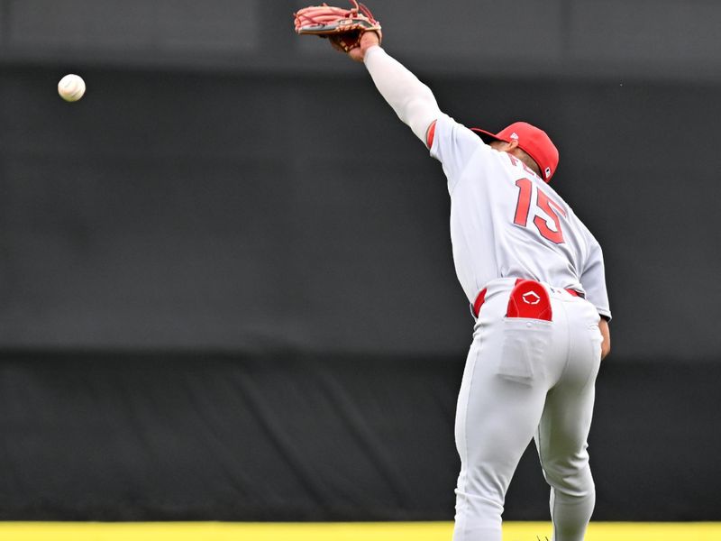 Feb 25, 2025; Dunedin, Florida, USA;  St. Louis Cardinals shortstop Jose Fermin (15) attempts to catch a line drive against the Toronto Blue Jays in the second  inning of a spring training game at TD Ballpark. Mandatory Credit: Jonathan Dyer-Imagn Images