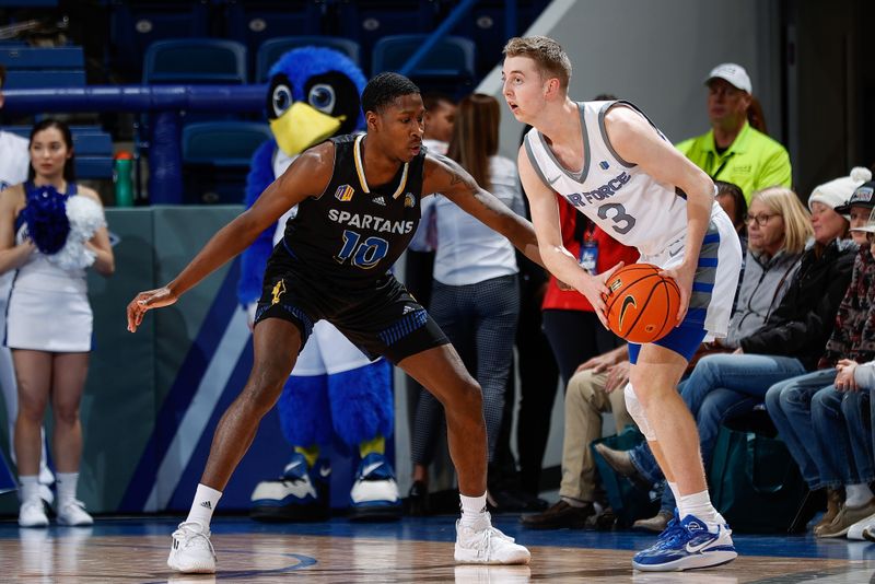 Mar 4, 2023; Colorado Springs, Colorado, USA; Air Force Falcons guard Jake Heidbreder (3) controls the ball as San Jose State Spartans guard Omari Moore (10) guards in the first half at Clune Arena. Mandatory Credit: Isaiah J. Downing-USA TODAY Sports