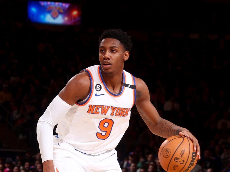 NEW YORK, NY - MARCH 27: RJ Barrett #9 of the New York Knicks dribbles the ball during the game against the Houston Rockets on March 27, 2023 at Madison Square Garden in New York City, New York.  NOTE TO USER: User expressly acknowledges and agrees that, by downloading and or using this photograph, User is consenting to the terms and conditions of the Getty Images License Agreement. Mandatory Copyright Notice: Copyright 2023 NBAE  (Photo by Nathaniel S. Butler/NBAE via Getty Images)