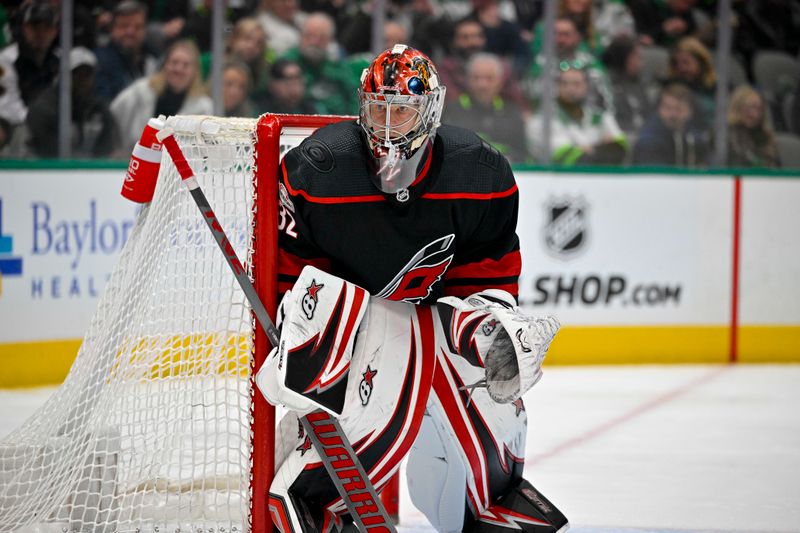 Jan 25, 2023; Dallas, Texas, USA; Carolina Hurricanes goaltender Antti Raanta (32) faces the Dallas Stars attack during the second period at the American Airlines Center. Mandatory Credit: Jerome Miron-USA TODAY Sports