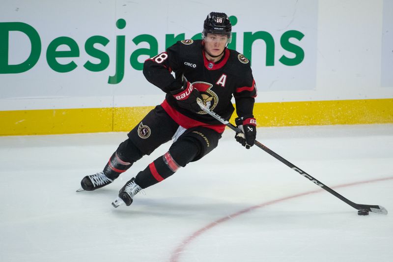 Nov 9, 2023; Ottawa, Ontario, CAN; Ottawa Senators center Tim Stutzle (18) skates with the puck in the third period against the Vancouver Canucks at the Canadian Tire Centre. Mandatory Credit: Marc DesRosiers-USA TODAY Sports