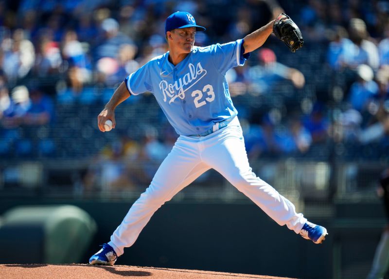 Sep 20, 2023; Kansas City, Missouri, USA; Kansas City Royals starting pitcher Zack Greinke (23) pitches during the first inning against the Cleveland Guardians at Kauffman Stadium. Mandatory Credit: Jay Biggerstaff-USA TODAY Sports