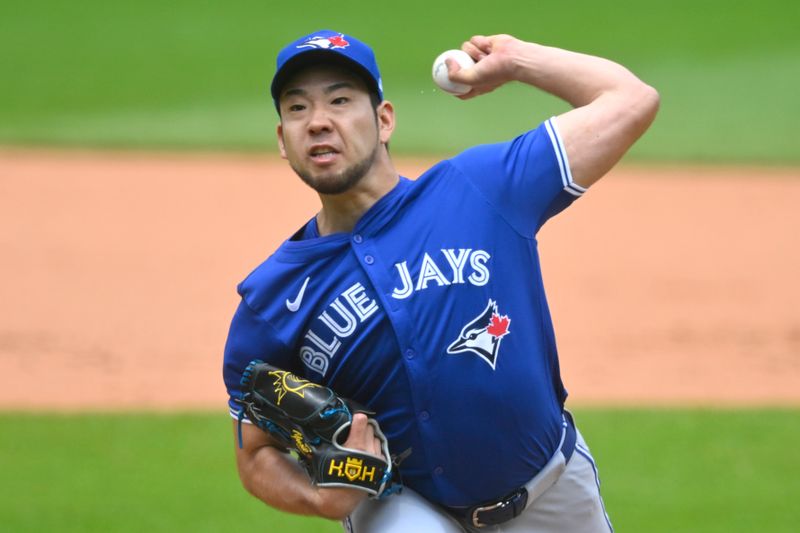 Jun 23, 2024; Cleveland, Ohio, USA; Toronto Blue Jays starting pitcher Yusei Kikuchi (16) delivers a pitch in the first inning against the Cleveland Guardians at Progressive Field. Mandatory Credit: David Richard-USA TODAY Sports