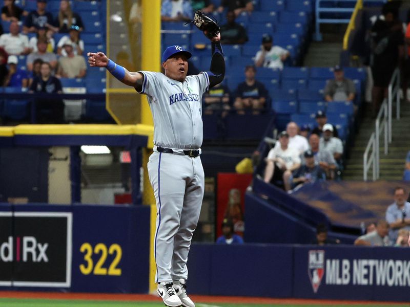 May 24, 2024; St. Petersburg, Florida, USA;  Kansas City Royals catcher Salvador Perez (13) catches the ball against the Tampa Bay Rays during the third inning at Tropicana Field. Mandatory Credit: Kim Klement Neitzel-USA TODAY Sports
