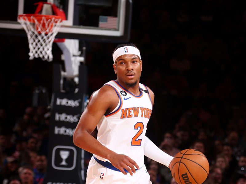 NEW YORK, NY - MARCH 27: Miles McBride #2 of the New York Knicks dribbles the ball during the game against the Houston Rockets on March 27, 2023 at Madison Square Garden in New York City, New York.  NOTE TO USER: User expressly acknowledges and agrees that, by downloading and or using this photograph, User is consenting to the terms and conditions of the Getty Images License Agreement. Mandatory Copyright Notice: Copyright 2023 NBAE  (Photo by Nathaniel S. Butler/NBAE via Getty Images)