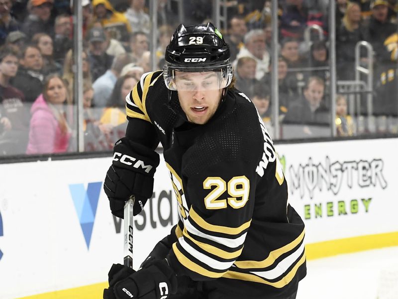 Feb 8, 2024; Boston, Massachusetts, USA; Boston Bruins defenseman Parker Wotherspoon (29) handles the puck during the second period against the Vancouver Canucks at TD Garden. Mandatory Credit: Bob DeChiara-USA TODAY Sports