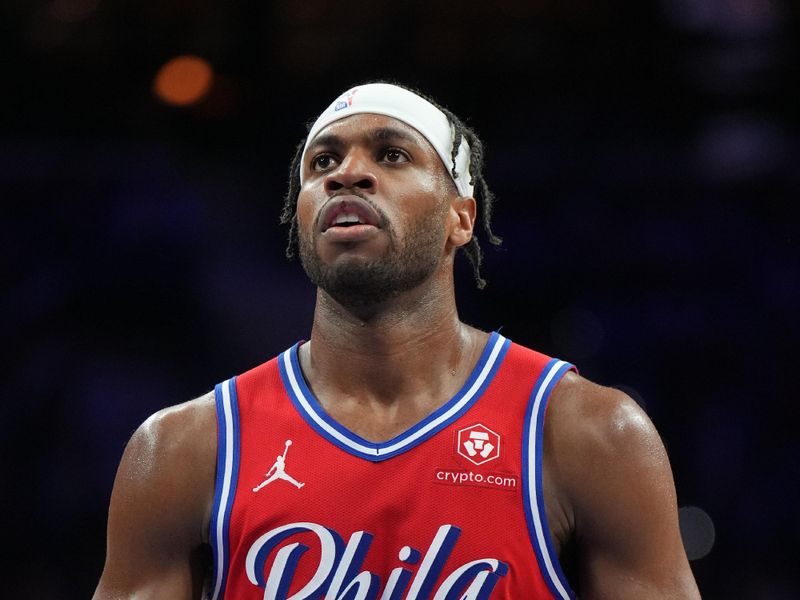 PHILADELPHIA, PA - MARCH 8: Buddy Heild #17 of the Philadelphia 76ers prepares to shoot a free throw against the New Orleans Pelicans on March 8, 2024 at the Wells Fargo Center in Philadelphia, Pennsylvania NOTE TO USER: User expressly acknowledges and agrees that, by downloading and/or using this Photograph, user is consenting to the terms and conditions of the Getty Images License Agreement. Mandatory Copyright Notice: Copyright 2024 NBAE (Photo by Jesse D. Garrabrant/NBAE via Getty Images)