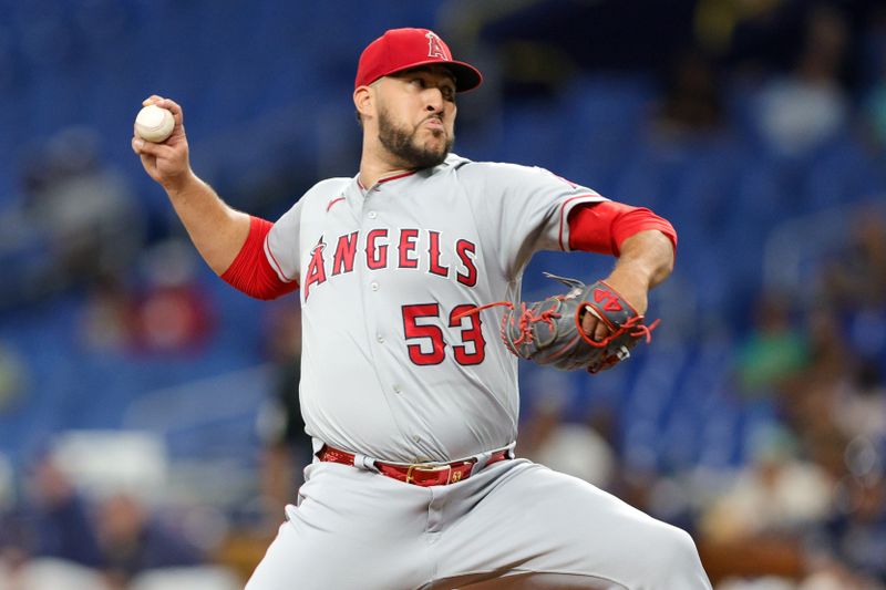 Sep 20, 2023; St. Petersburg, Florida, USA;  Los Angeles Angels relief pitcher Carlos Estevez (53) throws a pitch against the Tampa Bay Rays in the ninth inning at Tropicana Field. Mandatory Credit: Nathan Ray Seebeck-USA TODAY Sports