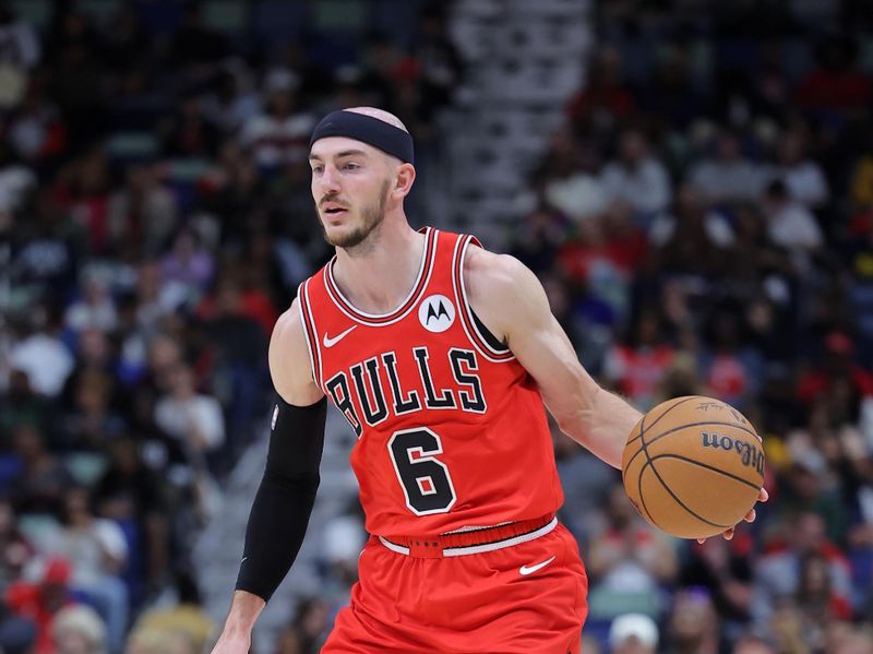 NEW ORLEANS, LOUISIANA - FEBRUARY 25: Alex Caruso #6 of the Chicago Bulls drives with the ball against the New Orleans Pelicans during the first half at the Smoothie King Center on February 25, 2024 in New Orleans, Louisiana. NOTE TO USER: User expressly acknowledges and agrees that, by downloading and or using this Photograph, user is consenting to the terms and conditions of the Getty Images License Agreement. (Photo by Jonathan Bachman/Getty Images)