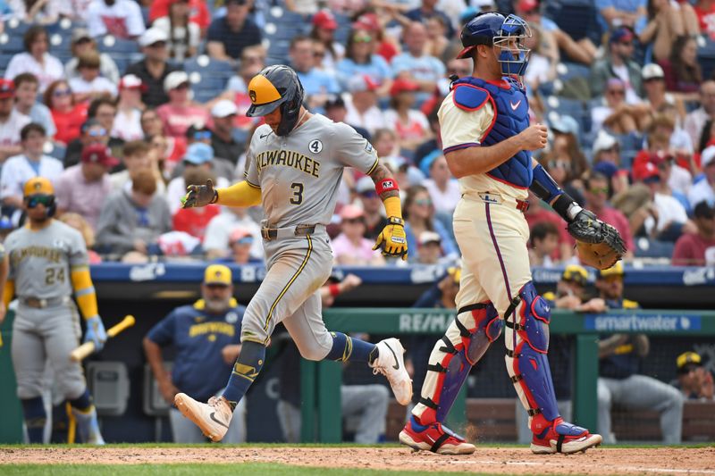 Jun 1, 2025; Philadelphia, Pennsylvania, USA; Milwaukee Brewers shortstop Joey Ortiz (3) scores a run during the ninth inning against the Philadelphia Phillies at Citizens Bank Park. Mandatory Credit: Eric Hartline-Imagn Images