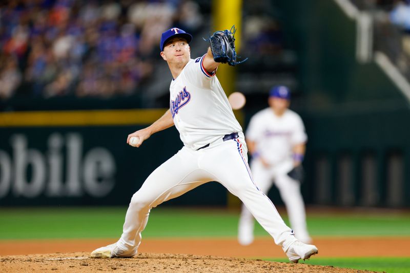 Jul 23, 2024; Arlington, Texas, USA; Texas Rangers pitcher Josh Sborz (66) comes on to pitch during the eighth inning against the Chicago White Sox at Globe Life Field. Mandatory Credit: Andrew Dieb-USA TODAY Sports