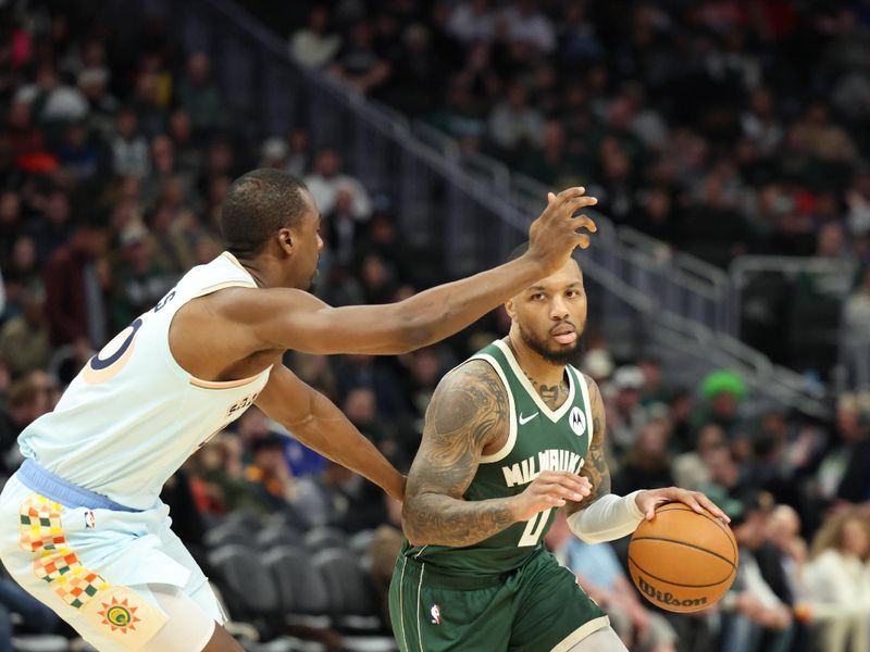 MILWAUKEE, WI - JANUARY 8: Damian Lillard #0 of the Milwaukee Bucks dribbles the ball during the game against the San Antonio Spurs on January 8, 2025 at Fiserv Forum Center in Milwaukee, Wisconsin. NOTE TO USER: User expressly acknowledges and agrees that, by downloading and or using this Photograph, user is consenting to the terms and conditions of the Getty Images License Agreement. Mandatory Copyright Notice: Copyright 2025 NBAE (Photo by Mike E. Roemer/NBAE via Getty Images).