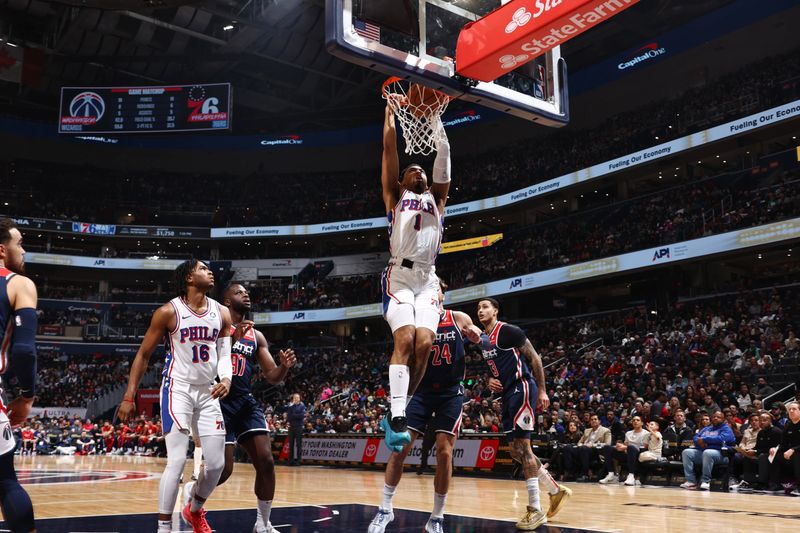 WASHINGTON, DC -? FEBRUARY 10: Kenyon Martin Jr. #1 of the Philadelphia 76ers drives to the basket during the game against the Washington Wizards on February 10, 2024 at Capital One Arena in Washington, DC. NOTE TO USER: User expressly acknowledges and agrees that, by downloading and or using this Photograph, user is consenting to the terms and conditions of the Getty Images License Agreement. Mandatory Copyright Notice: Copyright 2024 NBAE (Photo by Kenny Giarla/NBAE via Getty Images)