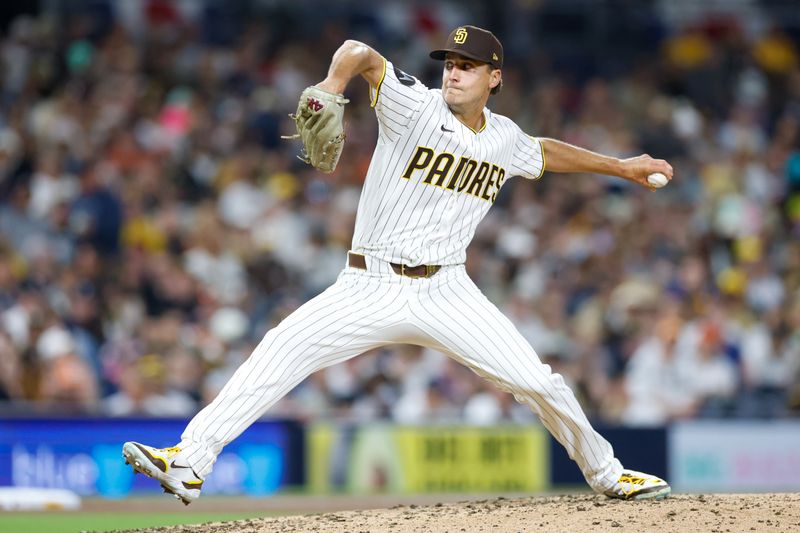 Mar 28, 2026; San Diego, California, USA; San Diego Padres relief pitcher Kyle Hart (68) throws a pitch during the seventh inning against the Detroit Tigers at Petco Park. Mandatory Credit: David Frerker-Imagn Images