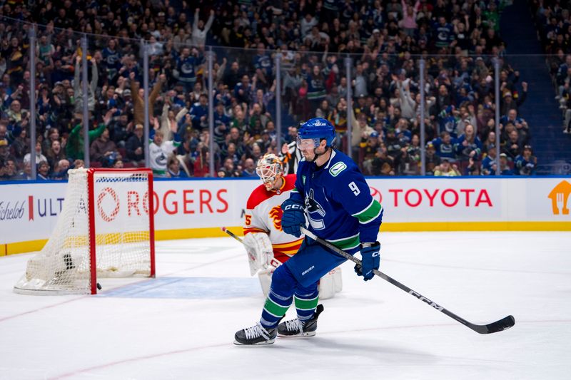 Apr 16, 2024; Vancouver, British Columbia, CAN; Vancouver Canucks forward J.T. Miller (9) celebrates his goal scored on Calgary Flames goalie Jacob Markstrom (25) in the third period at Rogers Arena. Canucks won 4 -1. Mandatory Credit: Bob Frid-USA TODAY Sports