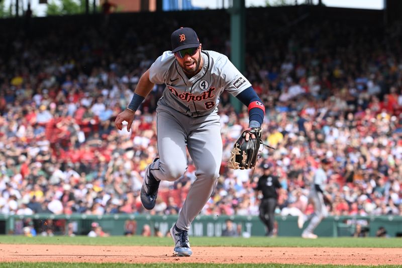 Jun 2, 2024; Boston, Massachusetts, USA;  Detroit Tigers third baseman Matt Vierling (8) catches a line drive against the Boston Red Sox for an out during the ninth inning at Fenway Park. Mandatory Credit: Eric Canha-USA TODAY Sports