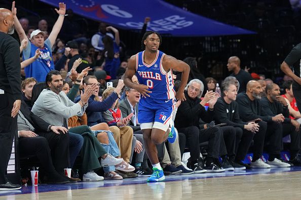 PHILADELPHIA, PA - DECEMBER 11: Tyrese Maxey #0 of the Philadelphia 76ers celebrates during the game against the Washington Wizards on December 11, 2023 at the Wells Fargo Center in Philadelphia, Pennsylvania NOTE TO USER: User expressly acknowledges and agrees that, by downloading and/or using this Photograph, user is consenting to the terms and conditions of the Getty Images License Agreement. Mandatory Copyright Notice: Copyright 2023 NBAE (Photo by Jesse D. Garrabrant/NBAE via Getty Images)